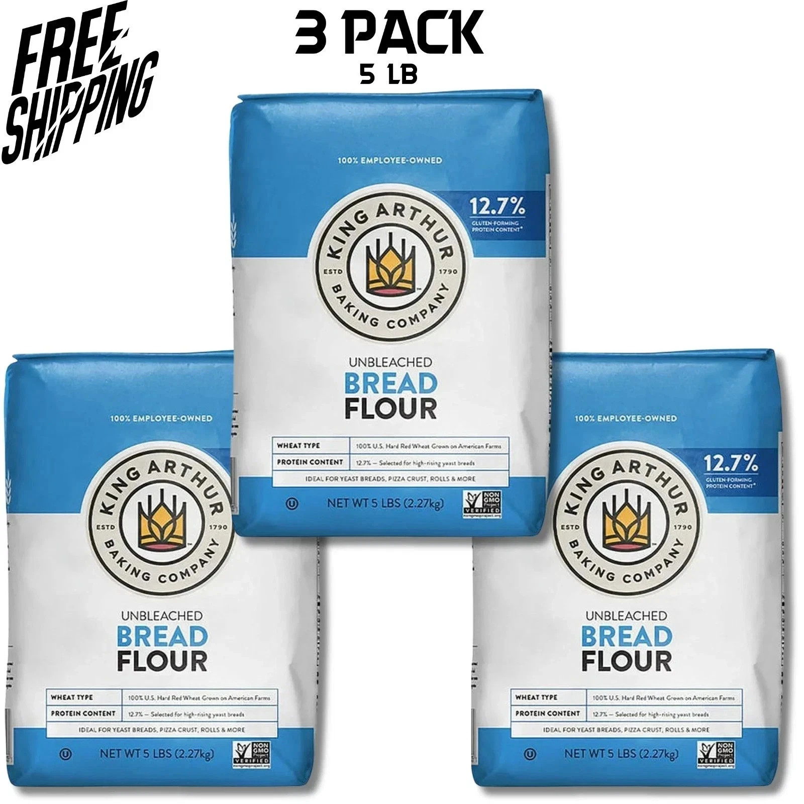 King Arthur Flour Unbleached Bread Flour 5 lb. Bag (3 PACK) FREE & FAST SHIPPING