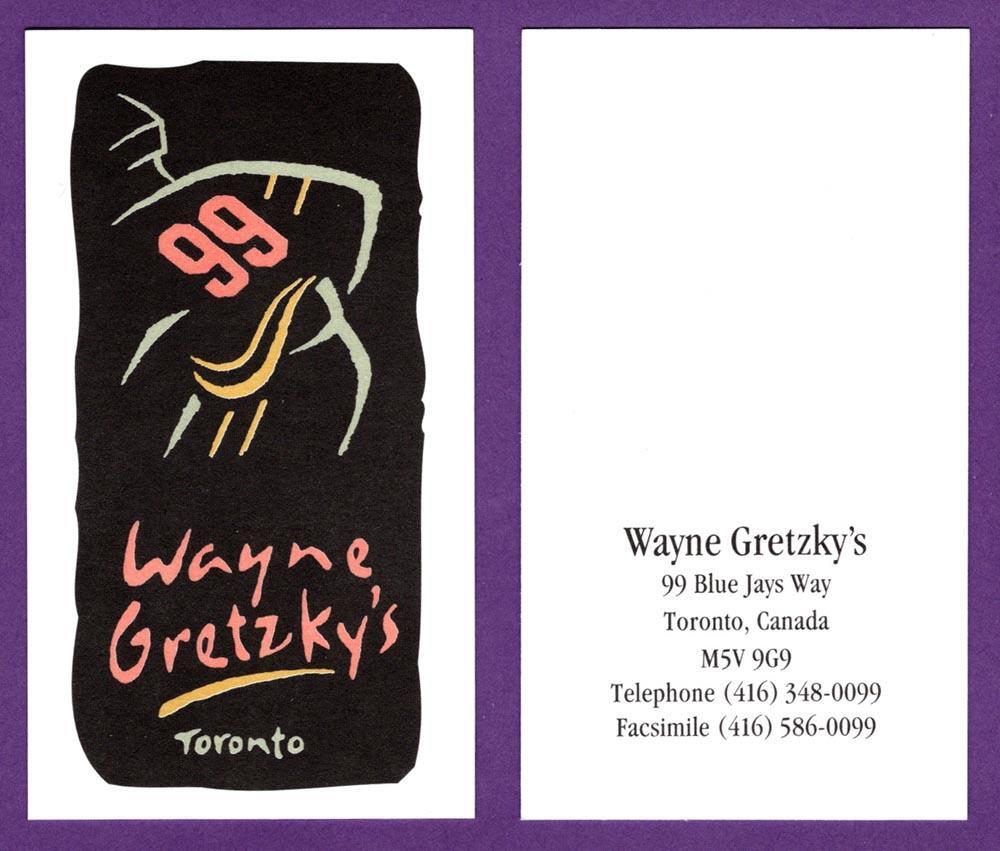 1990\'s Wayne Gretzky\'s 99 Toronto Restaurant Business Card