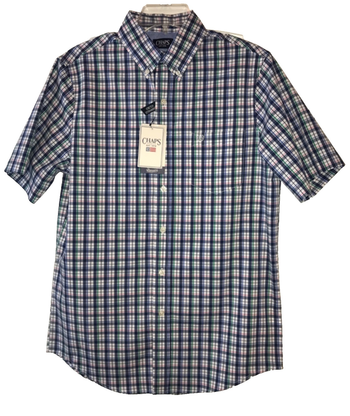 Chaps Sz S Short Slv Stretch Easy Care Classics Button Dwn Shirt Navy Checks NWT Chaps Sz S Short Slv Stretch Easy Care Classics Button Dwn Shirt Navy Checks NWT