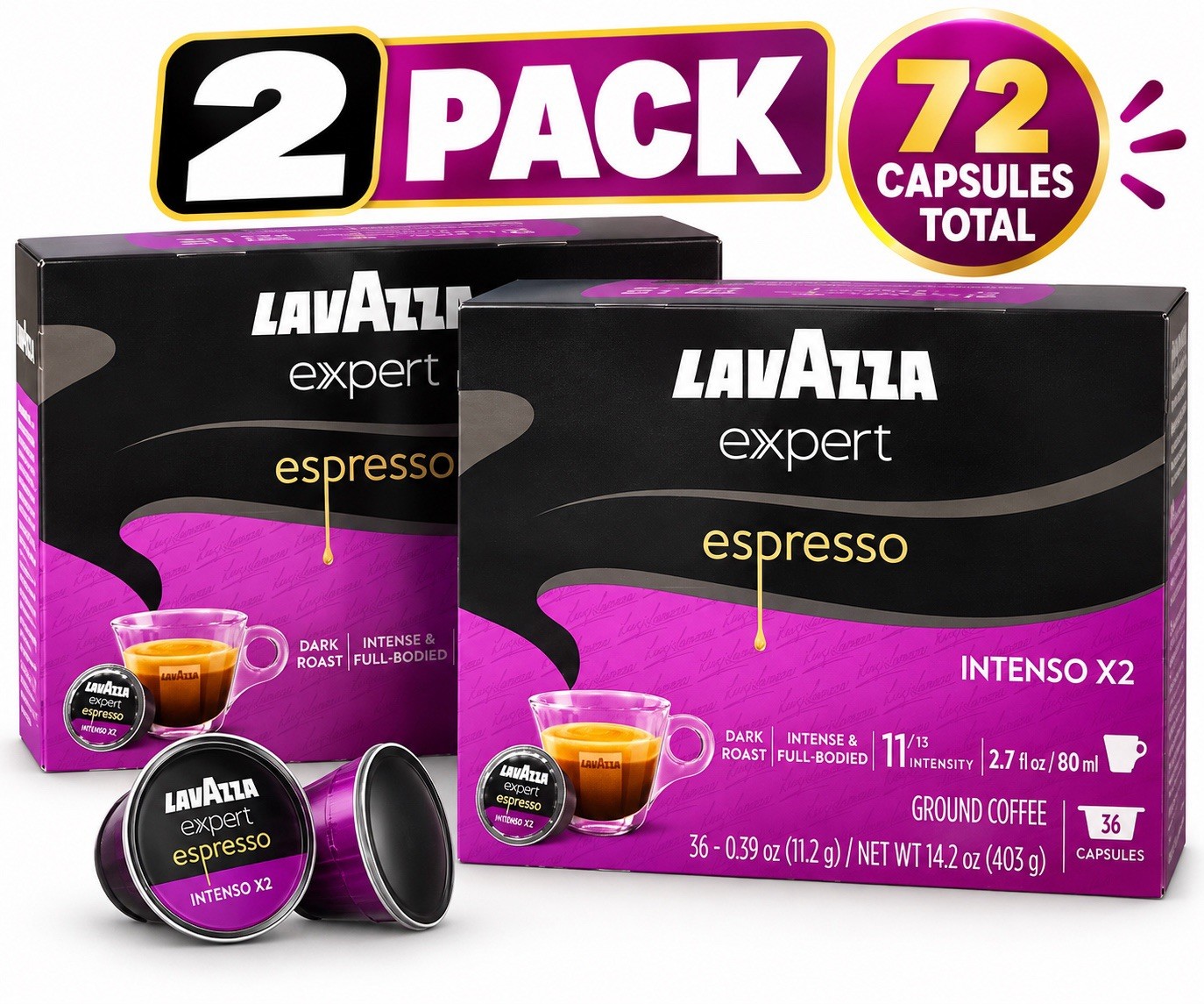 2x Lavazza Intenso X2 Expert Espresso 36ct Capsules BB 7/30/27