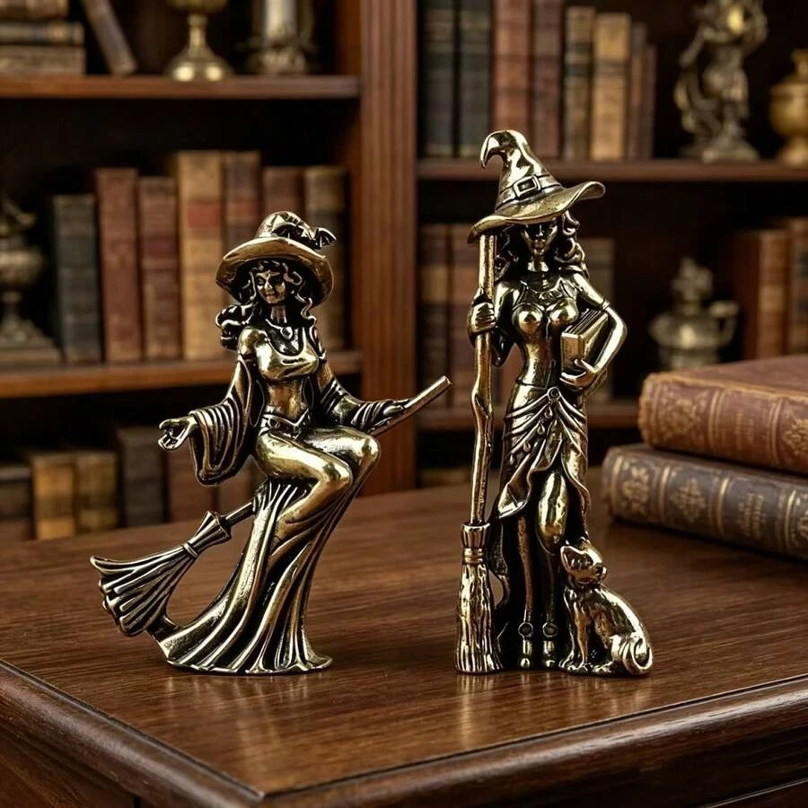 Vintage Brass Witch Statue Broomstick Book Collectible Home Decor