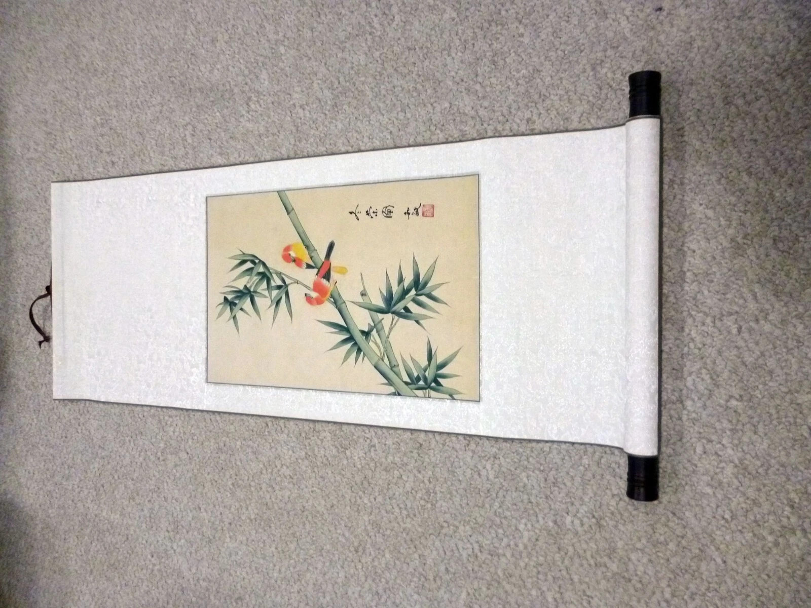 Vintage Chinese Silk Scroll Painting Winter Splendor Birds Bamboo Signed 3192 