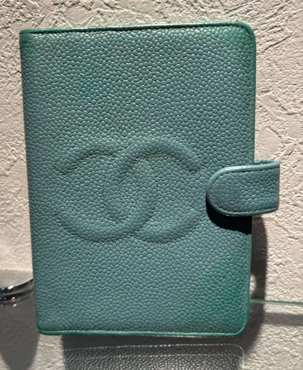 CHANEL Coco Mark Skin Planner Notebook Cover  Leather 6-Hole Auth　Turquoise Blue