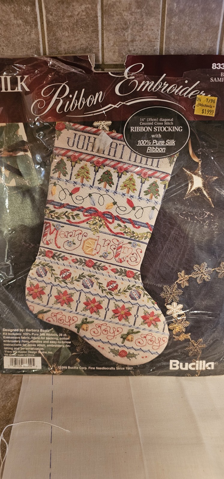 1995 Bucilla Silk Ribbon Embroidery Christmas Stocking Kit #83309 BAND SAMPLER