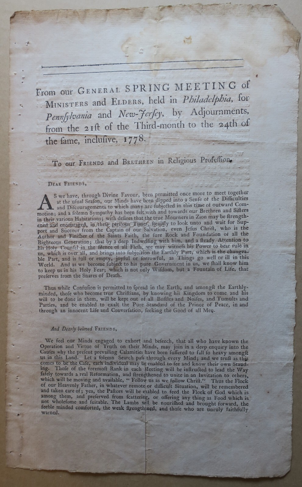 1778 QUAKER PHILADELPHIA SPRING MEETING EPISTLE FOR PENNSYLVANIA AND NEW JERSEY 1778 QUAKER PHILADELPHIA SPRING MEETING EPISTLE FOR PENNSYLVANIA AND NEW JERSEY