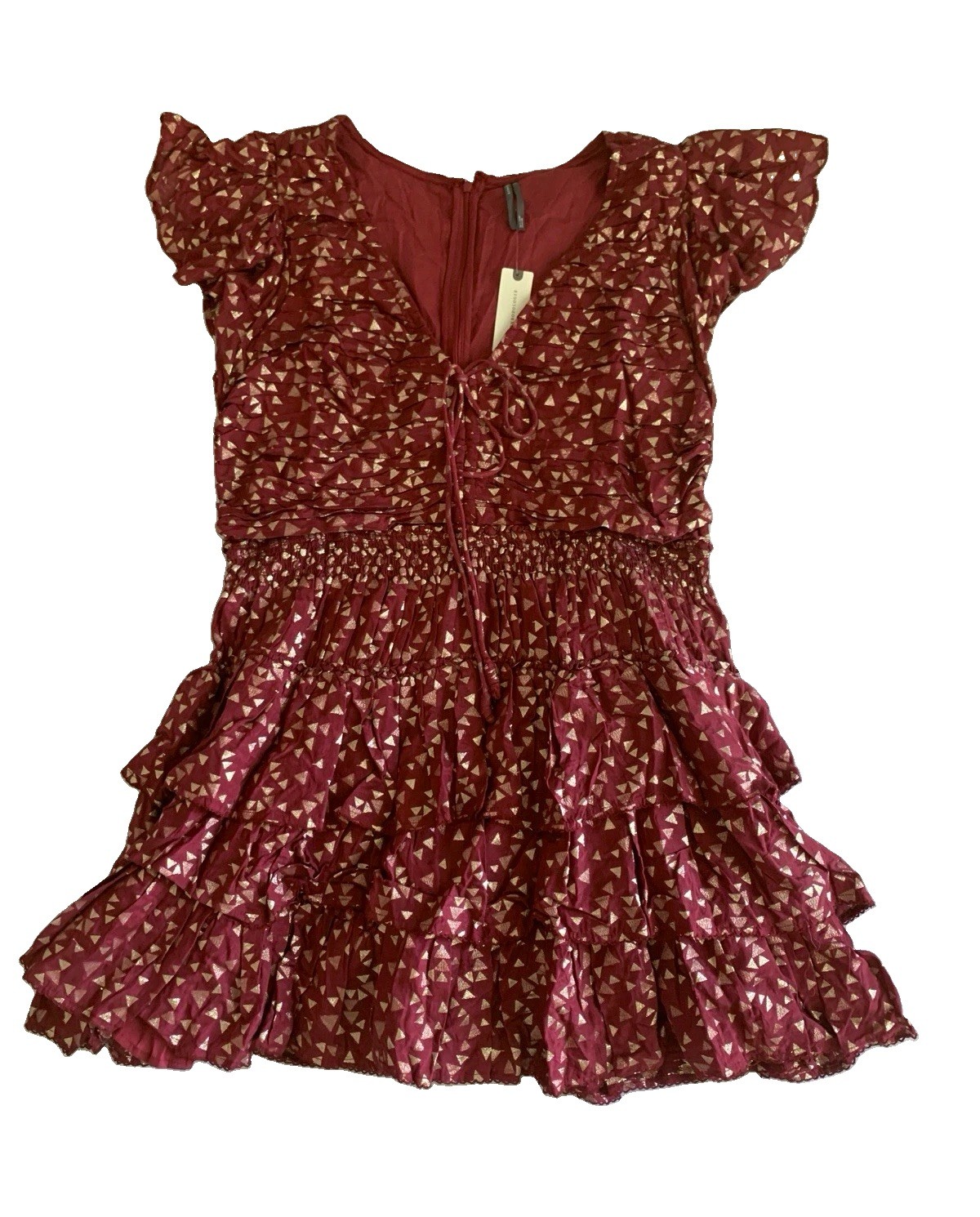 By Anthropologie Ruffled Mini Dress NWT Red Gold Metallic Smocked XL OB2350573