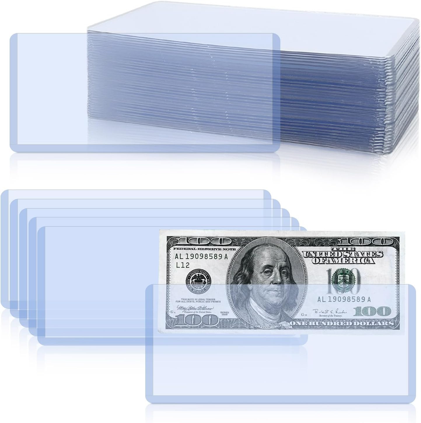 50 Pack Hard Plastic Money Bill Holder Top-Loaded Currency Sleeves Display