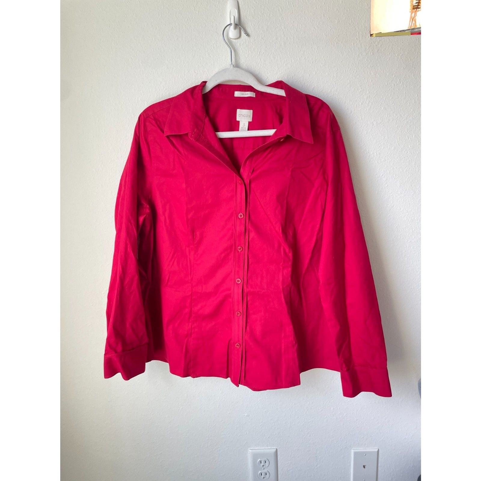 Office siren red blouse XL Chicos size 3 no iron cotton button top