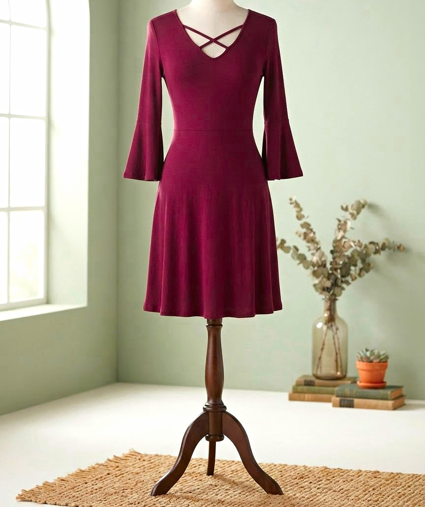 Arizona Jean Co Womens Burgundy V-Neck 3/4 Bell Sleeve A-Line Knee Dress S Arizona Jean Co Womens Burgundy V-Neck 3/4 Bell Sleeve A-Line Knee Dress S
