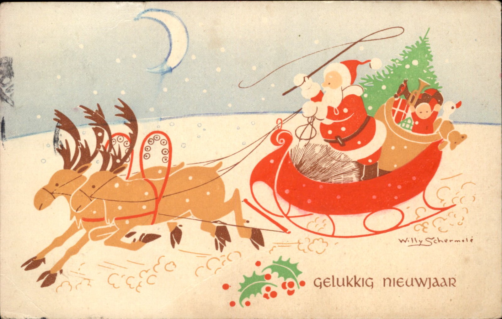 New Year's Santa Claus in Sleigh Willy Schermel?? c1910s-20s Vintage Postcard