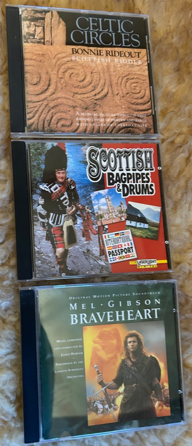 Lot 3 Celtic & Scottish Music CDs: Bonnie Rideout, Braveheart, Bagpipes & drums Lot 3 Celtic & Scottish Music CDs: Bonnie Rideout, Braveheart, Bagpipes & drums