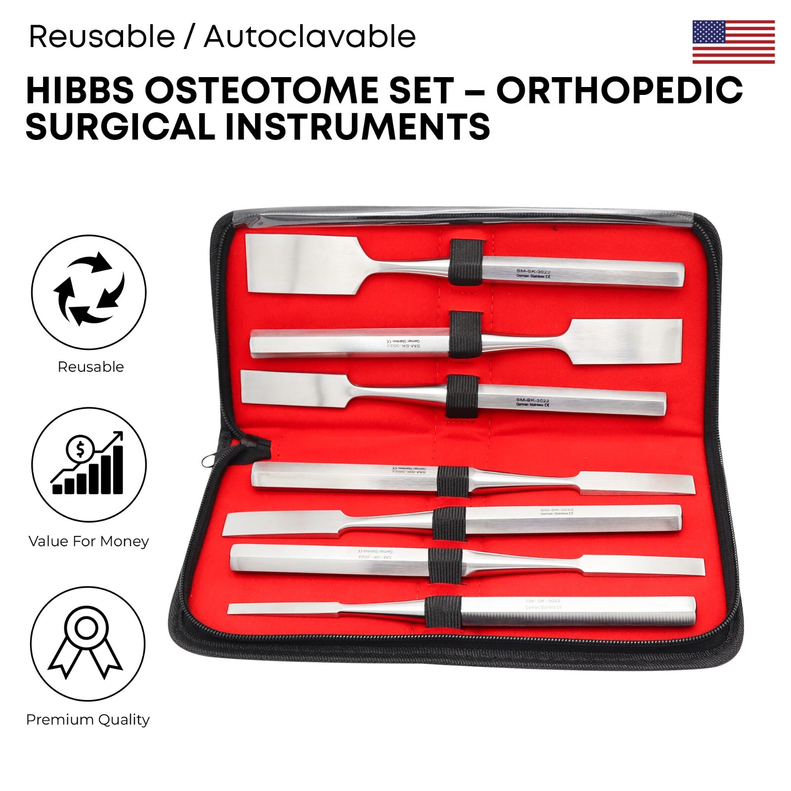 7 Pcs Hibbs Osteotome Set Stainless Steel Orthopedic Surgical Instruments German
