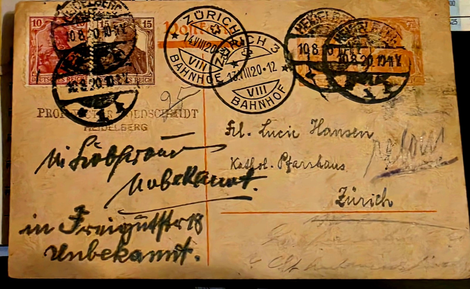 German Deutsches Reich 1920 Cover 10 & 15 Stamps Zurich Bahnhof CDS Cancel German Deutsches Reich 1920 Cover 10 & 15 Stamps Zurich Bahnhof CDS Cancel