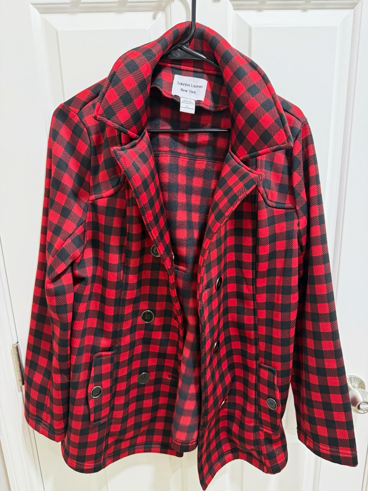 Sabrina Lauren New York Women\'s Red/Black Plaid Pea Coat Jacket L Pockets Sabrina Lauren New York Women\'s Red/Black Plaid Pea Coat Jacket L Pockets