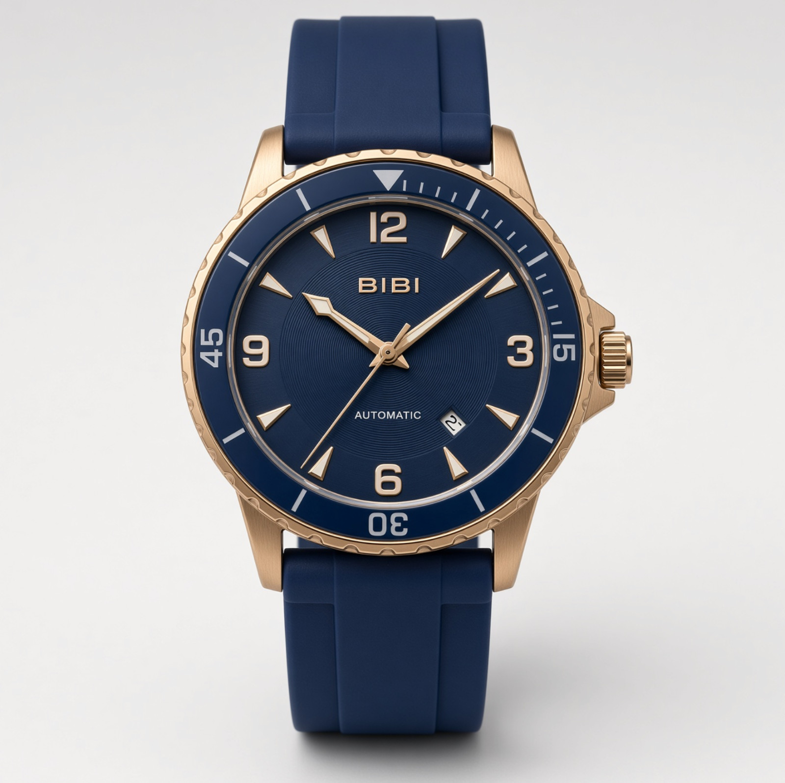 *NEW* BIBI B1138 Auto Rose Gold Blue Dial Blue Silicone Sport Watch Box and Tags