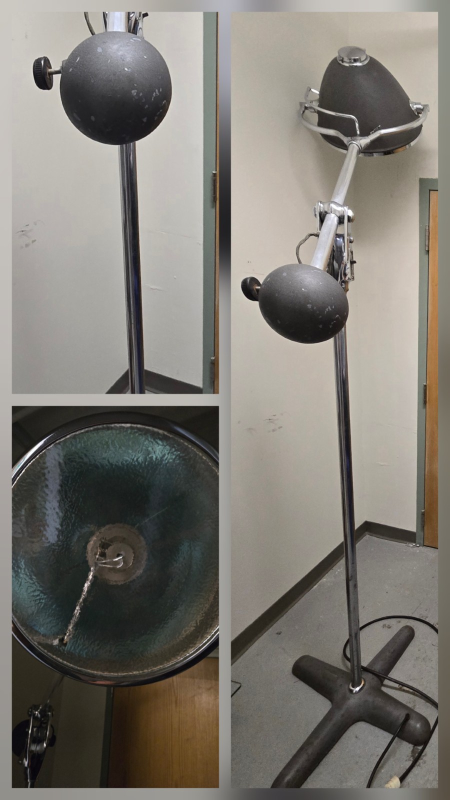 Large 9' Antique Industrial Surgical Light Chrome & Gray  In Original Condition 