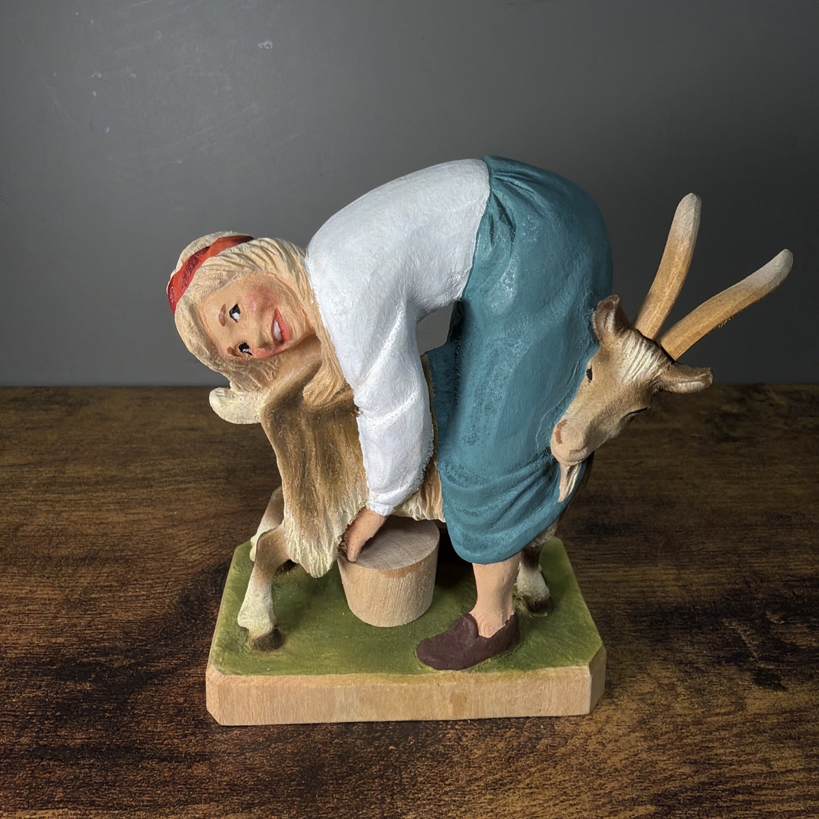 Vintage Henning Milk Maid Hand Carved Painted Wood Girl Milking Goat Norway