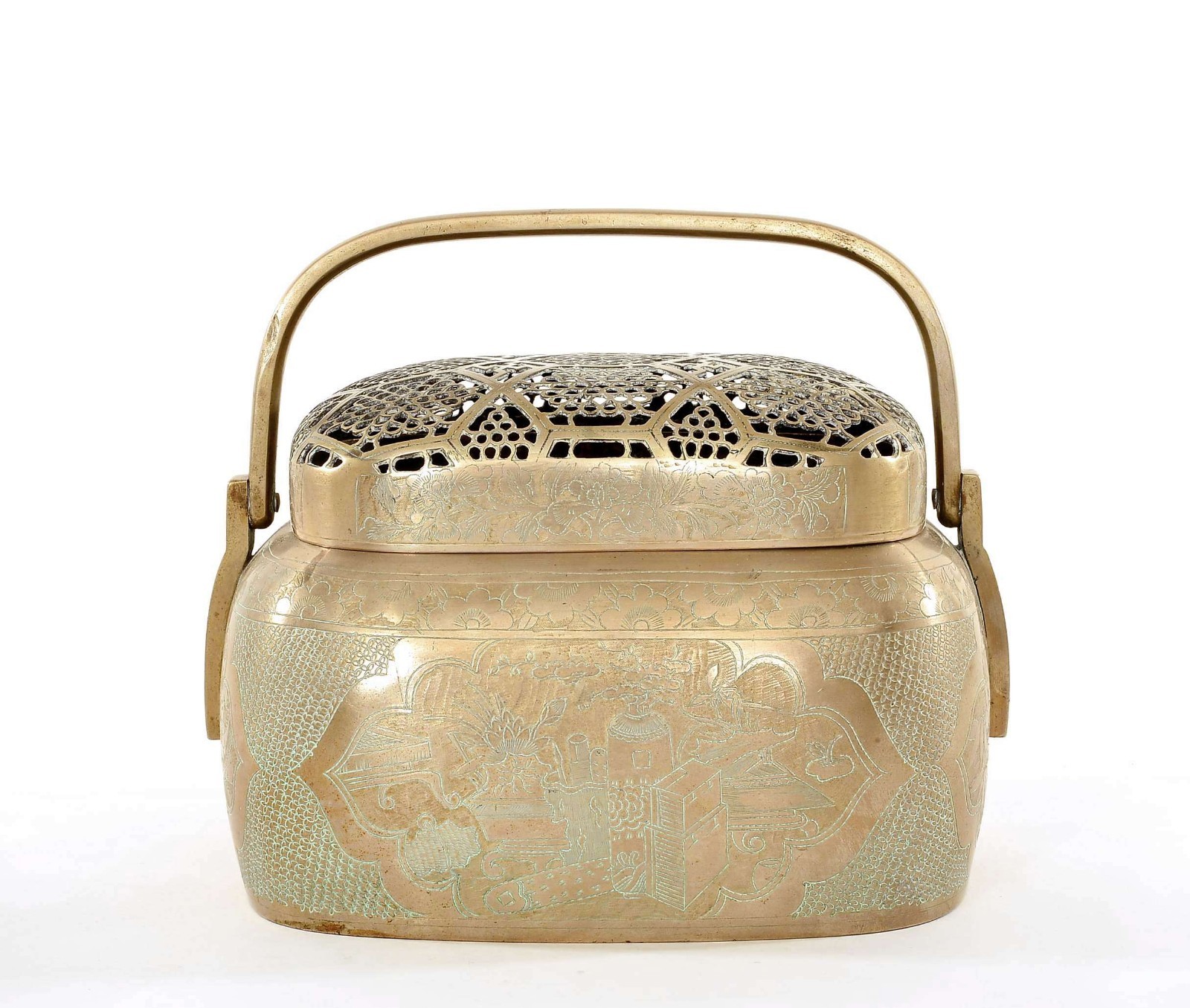 1900\'s Chinese Paktong Baitong White Copper Brass Hand Warmer Vase Flower Motif
