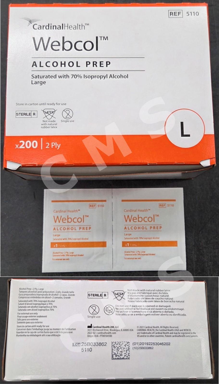 Covidien Kendall WEBCOL Large 2-Ply Sterile Alcohol Prep Pads 200/BX 5110 USA