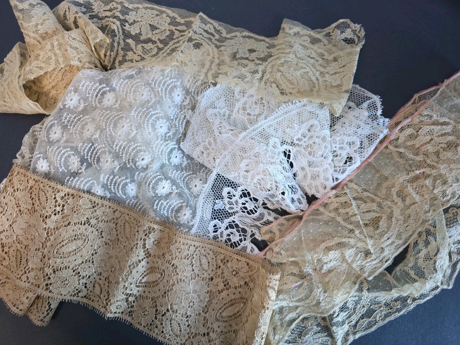 Vintage/Antique Lace Trim And Remnants, Scalloped, Chantilly, Floral Vintage/Antique Lace Trim And Remnants, Scalloped, Chantilly, Floral