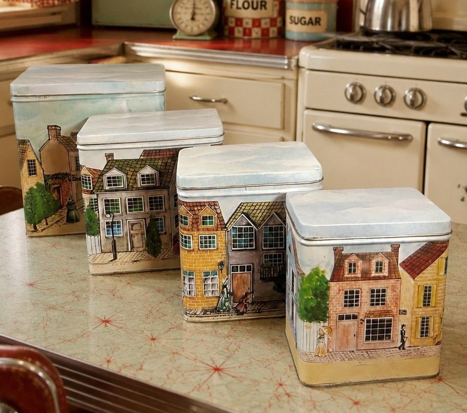 Vintage Colonial Village Scene Nested Metal Storage Tins Set 4 Hong Kong Tin