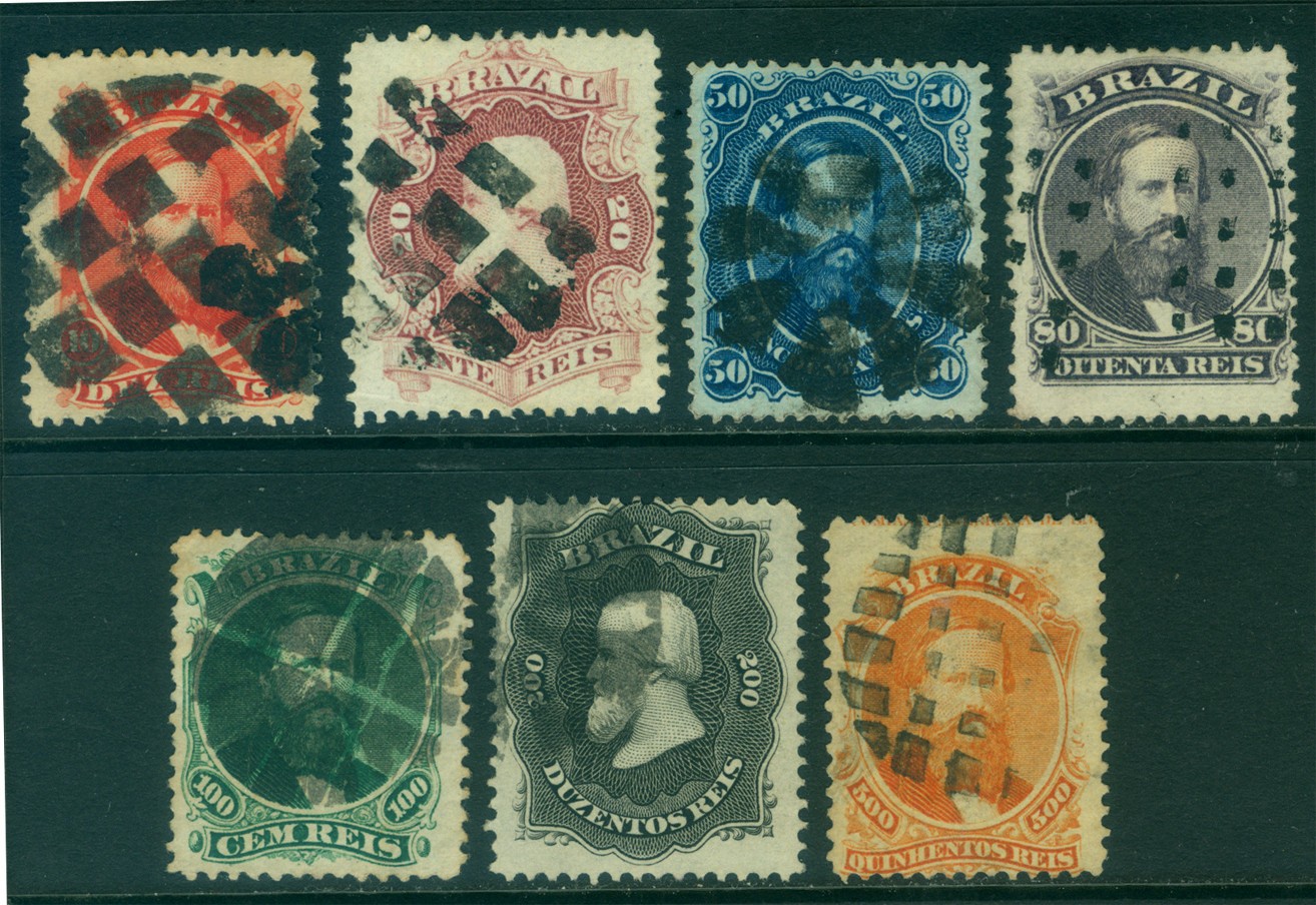 BRAZIL 1866 Dom Pedro ABNC printing Scott #53-60 used VF set w/ MUTE postmarks BRAZIL 1866 Dom Pedro ABNC printing Scott #53-60 used VF set w/ MUTE postmarks