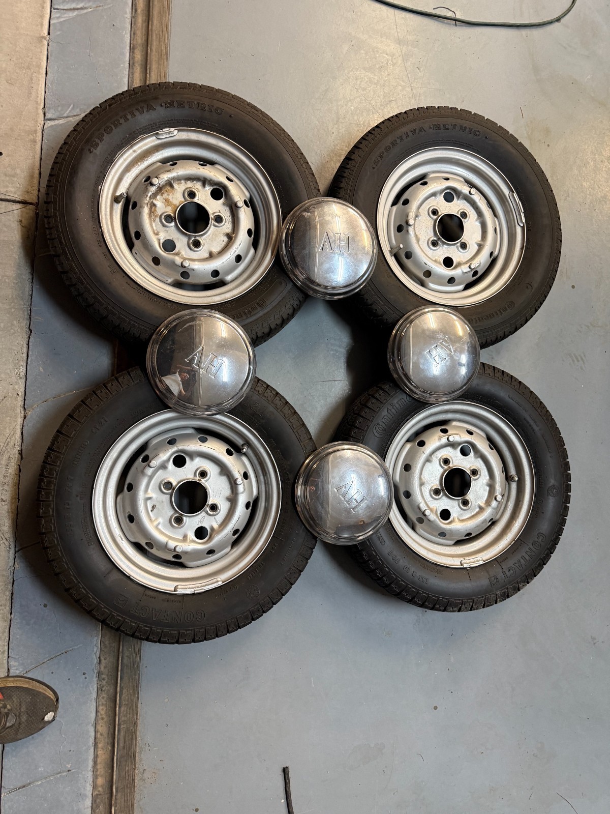 Vintage Austin-Healey Rims Wheels /Tires and AH Hubcaps - Set of 4 Bugeye Sprit Vintage Austin-Healey Rims Wheels /Tires and AH Hubcaps - Set of 4 Bugeye Sprit