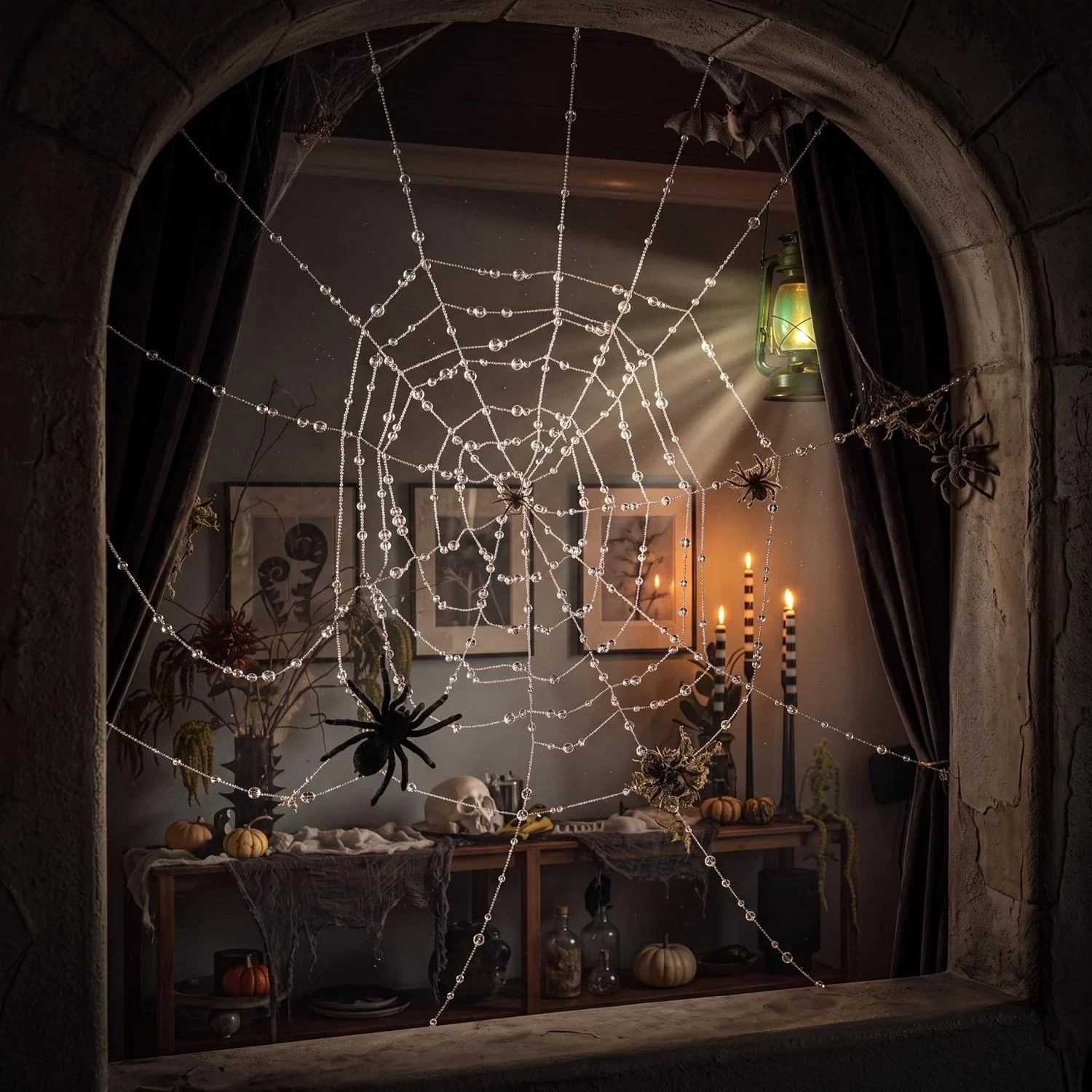 Crystal Spider Web Halloween Decorations Clear Beaded Elegant 3.3Ft | 7 Coils Ac