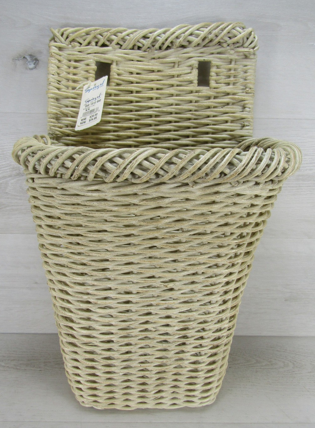 Woven Wicker Wall Hanging Basket Flat Back Storage Organizer White Washed 18