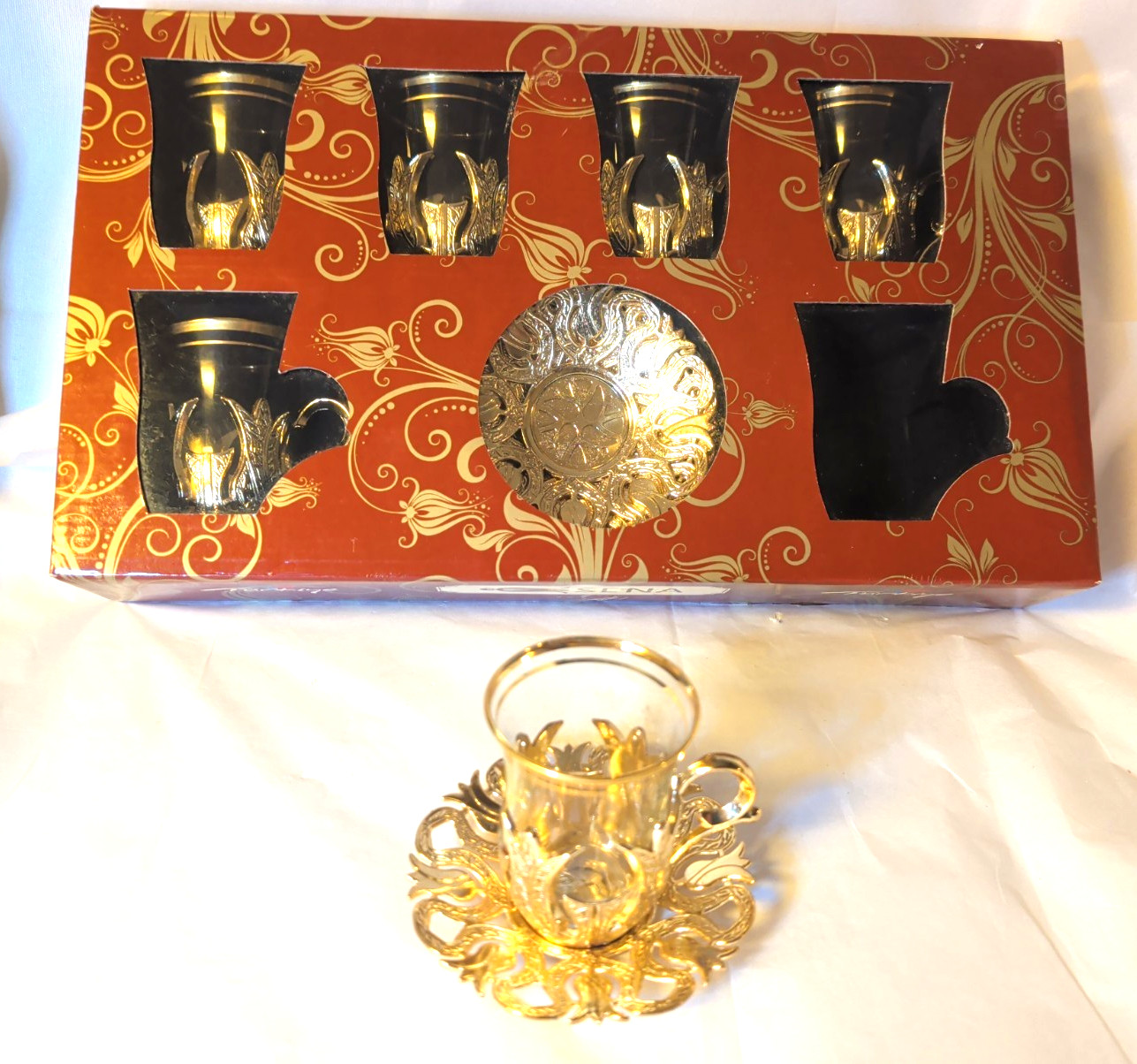 Rare 12pc Sena Dynasty Turkish Tea Glasses Set for 6, Gold Plated, New in Box
