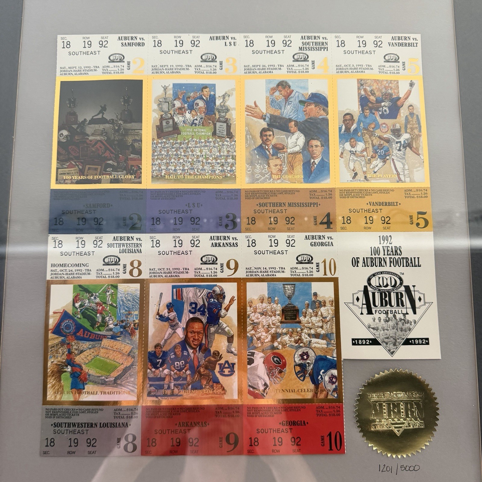 Framed 1992 Auburn Tickets 1201/5000 100 Years Of Auburn Football