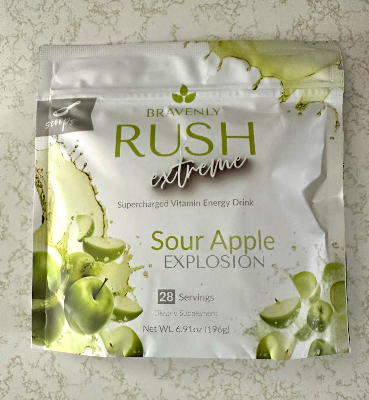 Bravenly RUSH Extreme Sour Apple Energy Drink Mix Powder, 28 Servings
