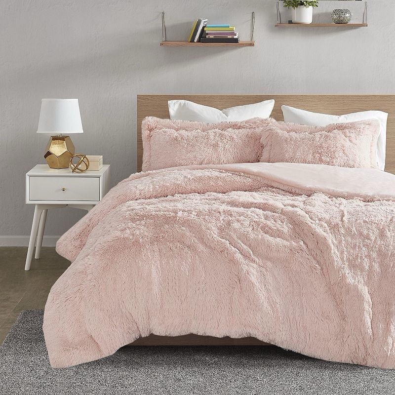 $150 Full/Queen Leena 3pc Shaggy Faux Fur Duvet Cover Set Blush
