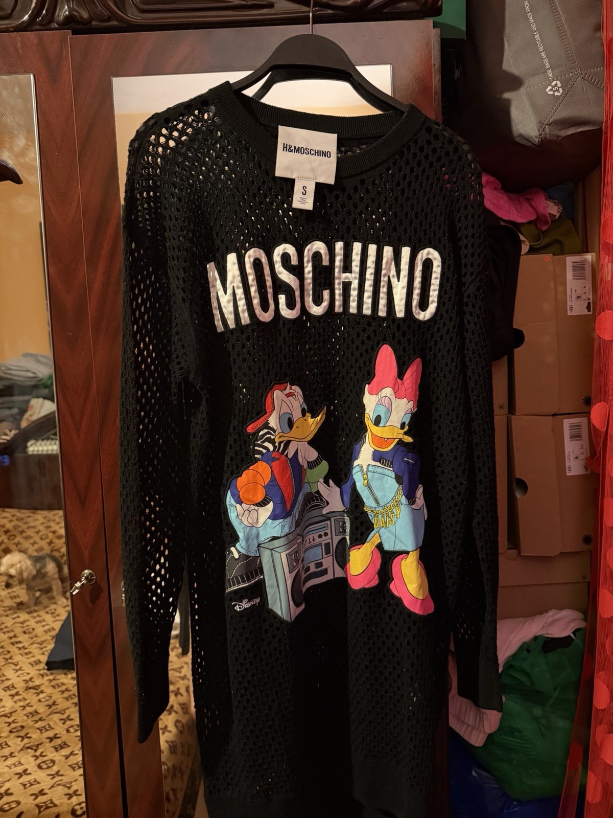 H&M Moschino Collaboration Black Mesh Sweater/Shirt With Donald & Daisy Sz Small