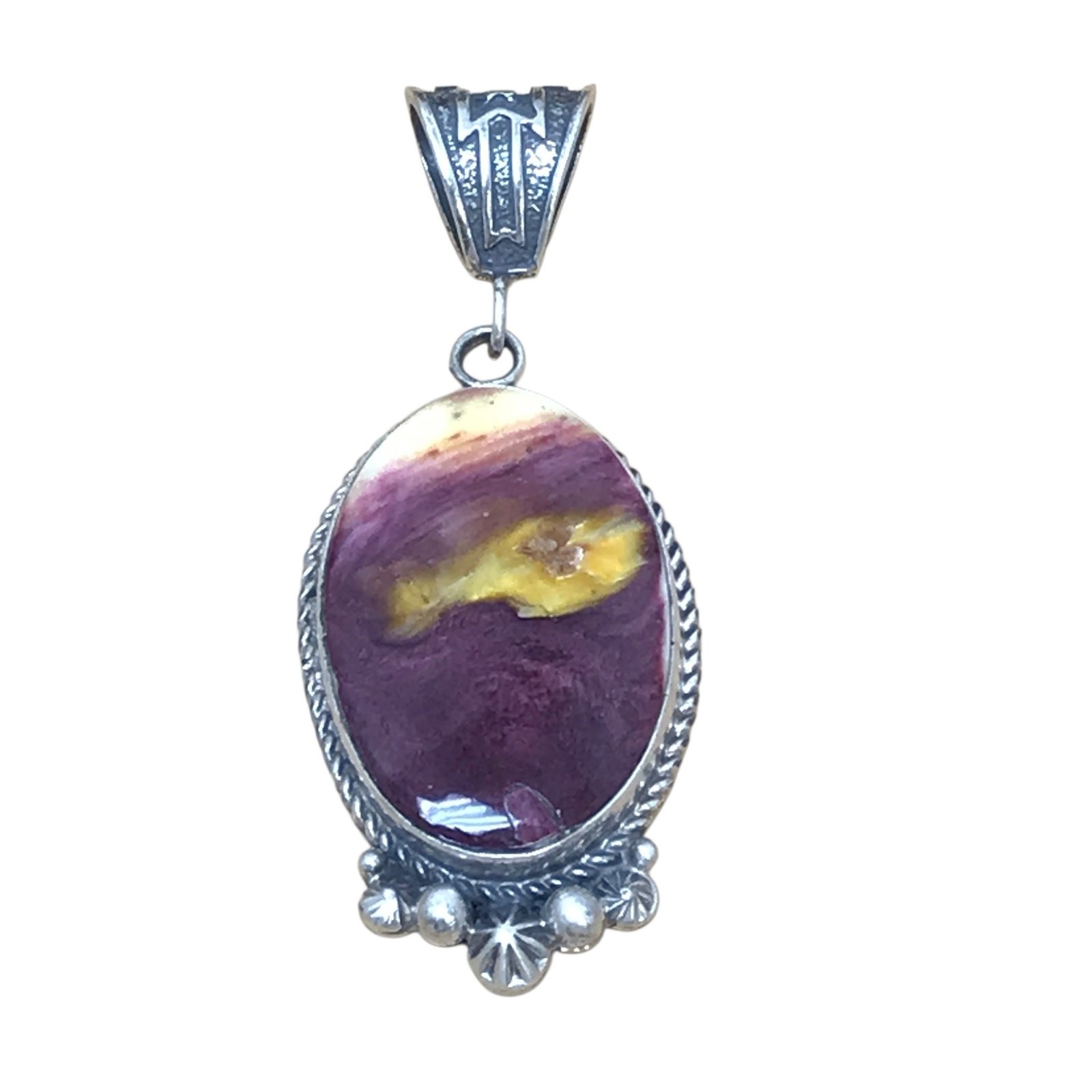 Purple Yellow Spiny Oyster Sterling Silver Oval Pendant Signed Makers Mark