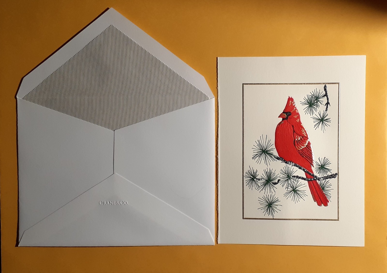 10 Crane & Co Cardinal on Pine Needle Branch Ecru Cards, Lined White Envs. - NWB