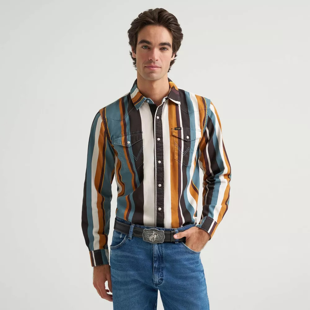 Wrangler Men\'s Striped Stampede Brushpopper Long Sleeve Western Shirt - Brown M