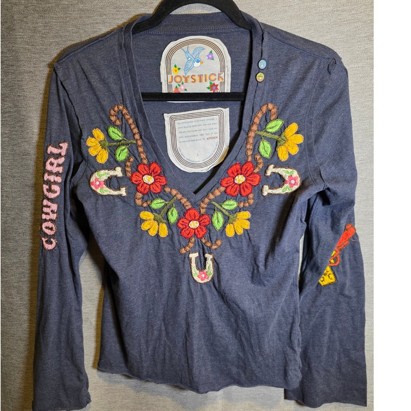 Vintage 90s Y2k Johnny Was Joystick Blue Long Sleeve Embroider Western Top Sz LG