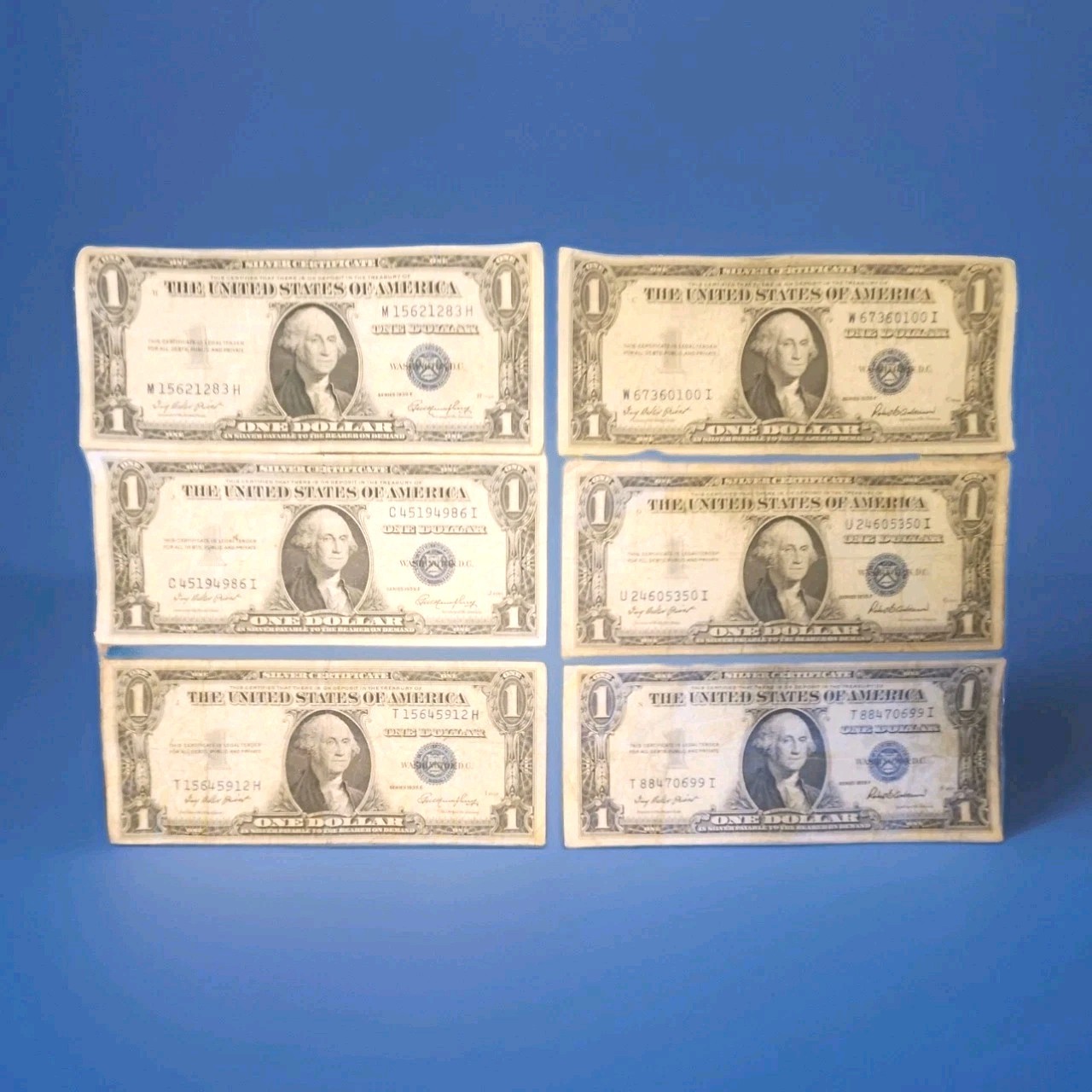 6 $1.00 Silver Certificates (3) 1935-F (3) 1935-E Circulated , Ungraded History 6 $1.00 Silver Certificates (3) 1935-F (3) 1935-E Circulated , Ungraded History