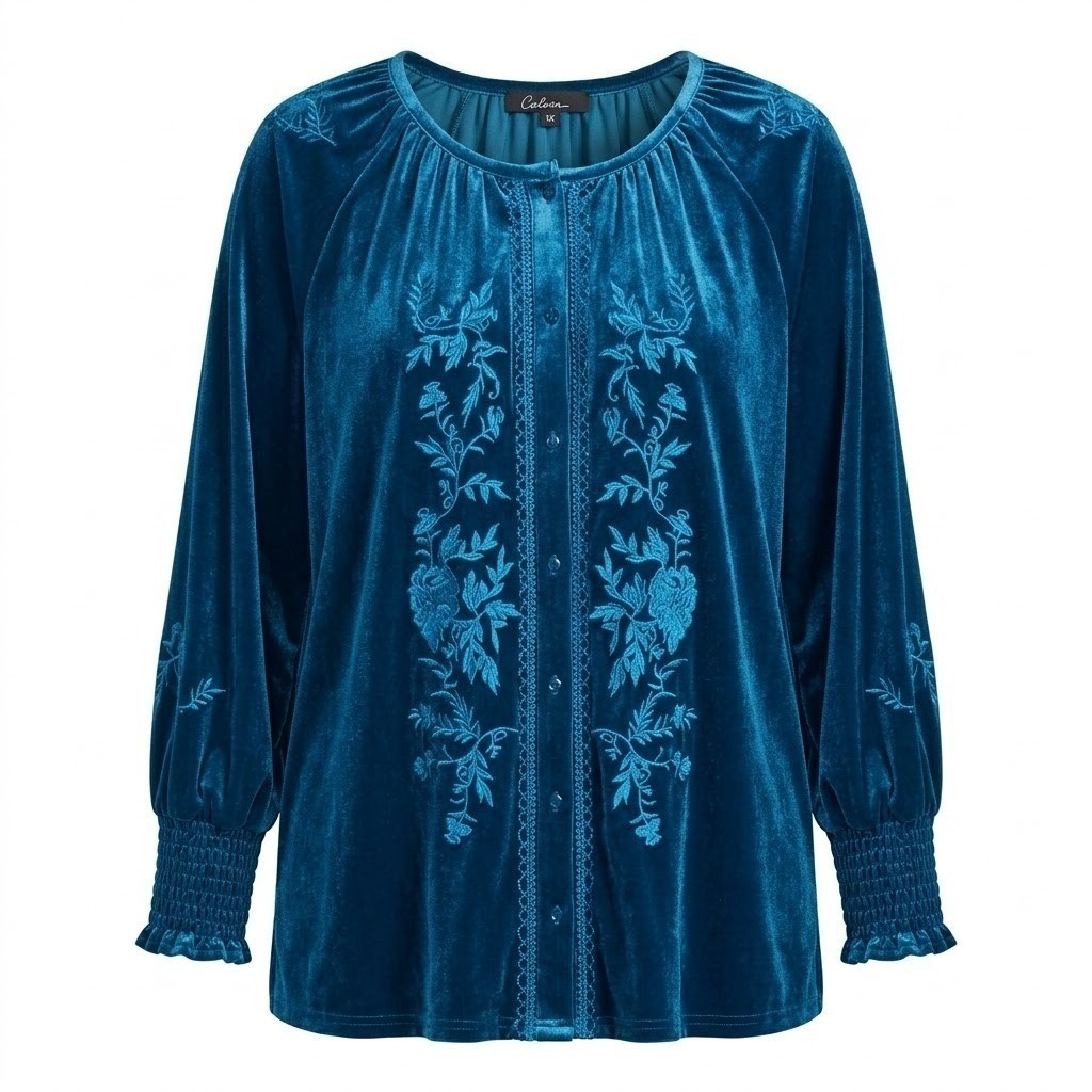 NEW Calessa Womens 1X Teal Blue Velvet Floral Embroidered Boho Top Smocked Cuff