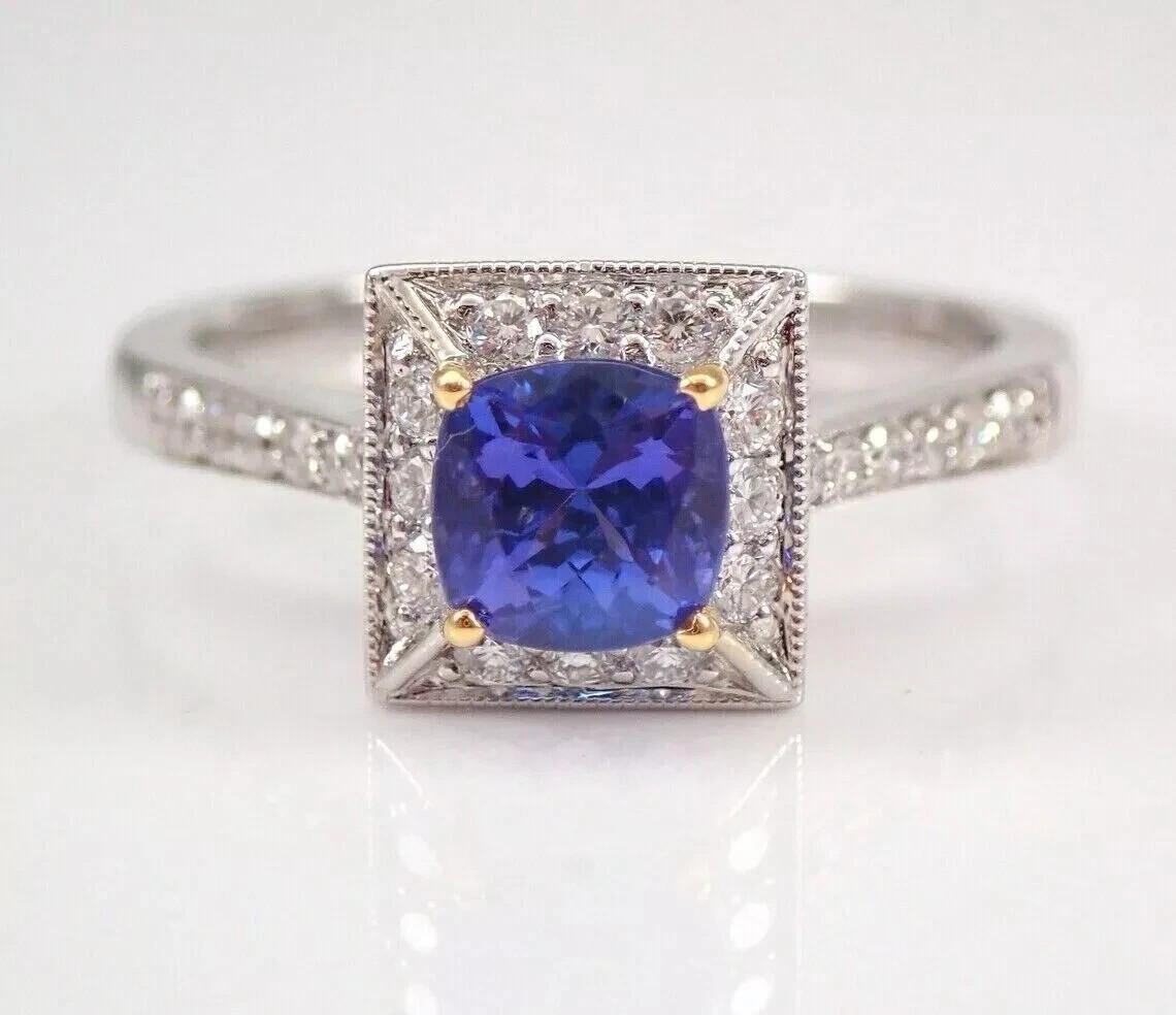 2.20 Ct Cushion Cut Natural Tanzanite & Diamond Wedding Ring 14K White Gold