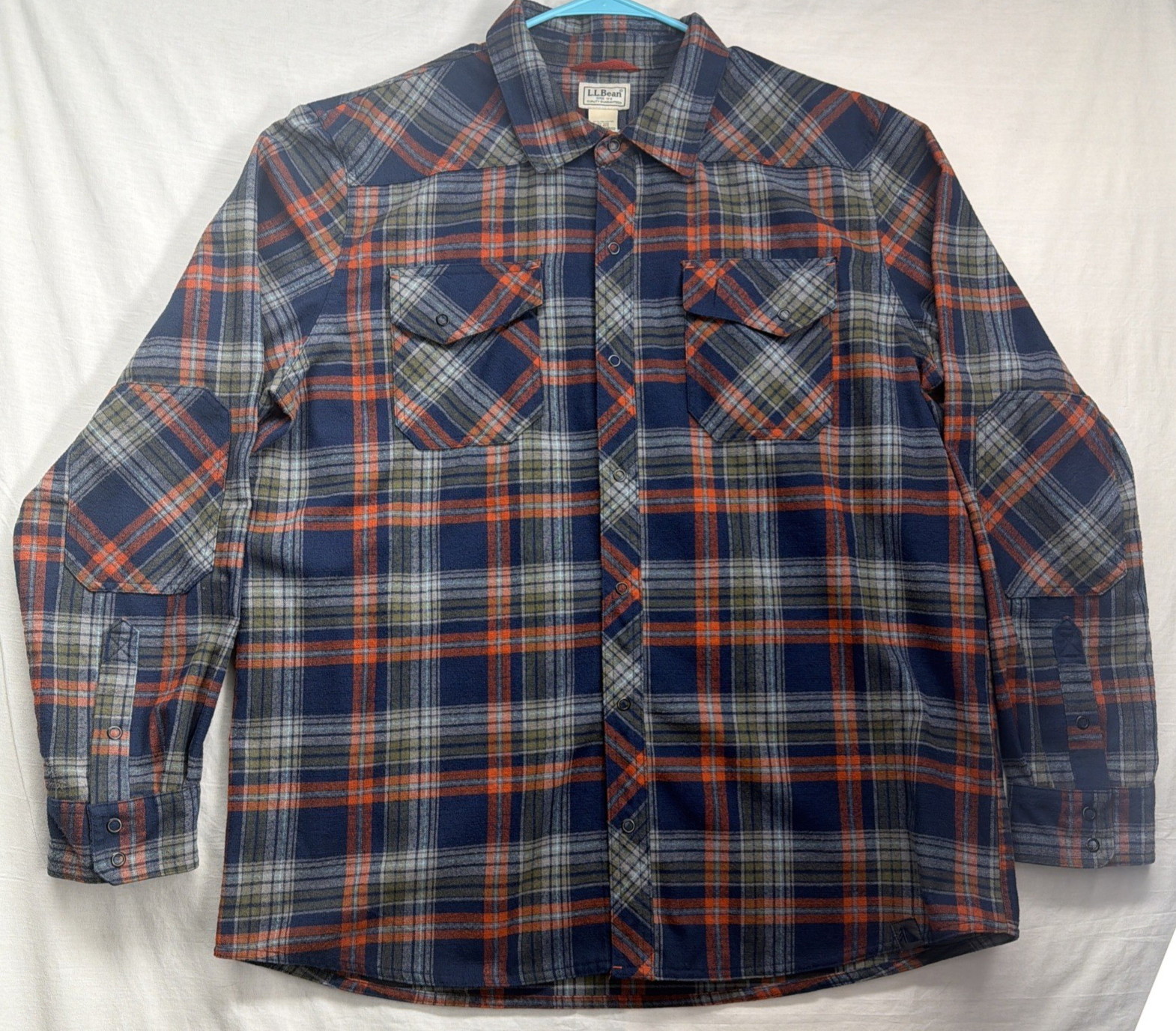 L.L. Bean Flannel Shirt Mens XL Blue Red Excellent Snap Western Plaid Wool Poly L.L. Bean Flannel Shirt Mens XL Blue Red Excellent Snap Western Plaid Wool Poly