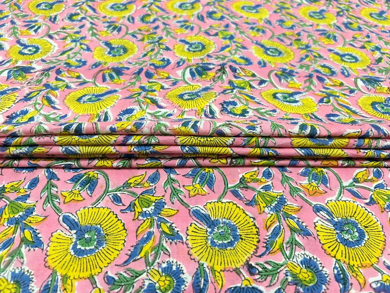 5 Yard Indian Handmade Natural Cotton Sanganeri Hand Block Print Floral Fabric