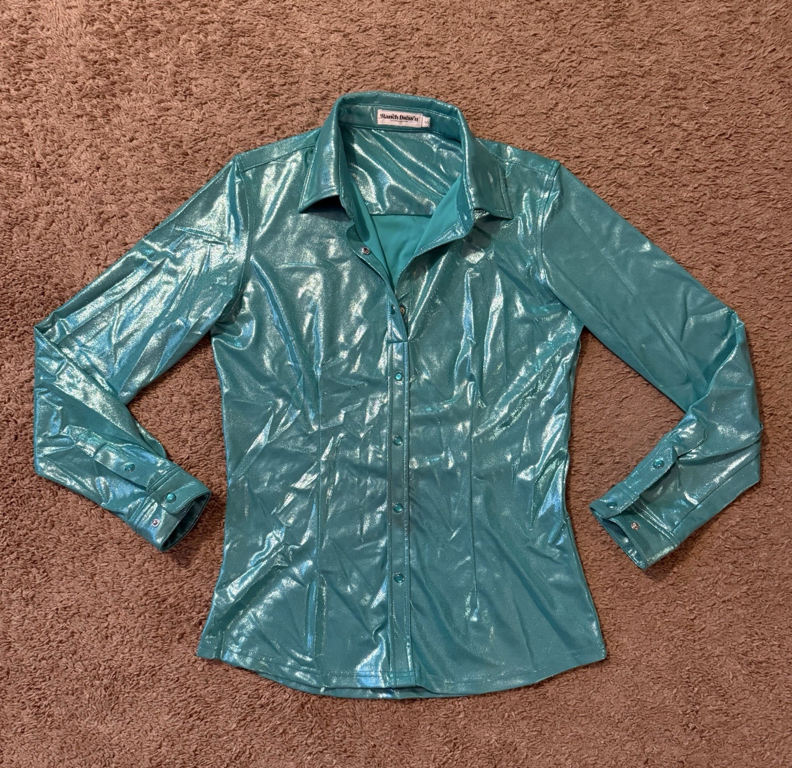 Ranch Dressn Women’s Teal Green Metallic Long Sleeve Button-Up Rodeo Shirt Small