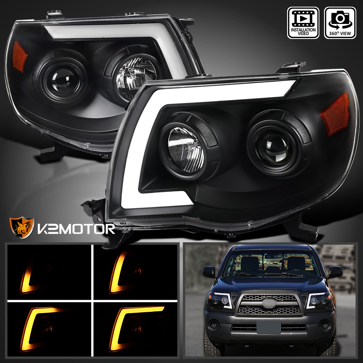 Fits 2005-2011 Toyota Tacoma Black Projector Headlight LED Sequential Switchback