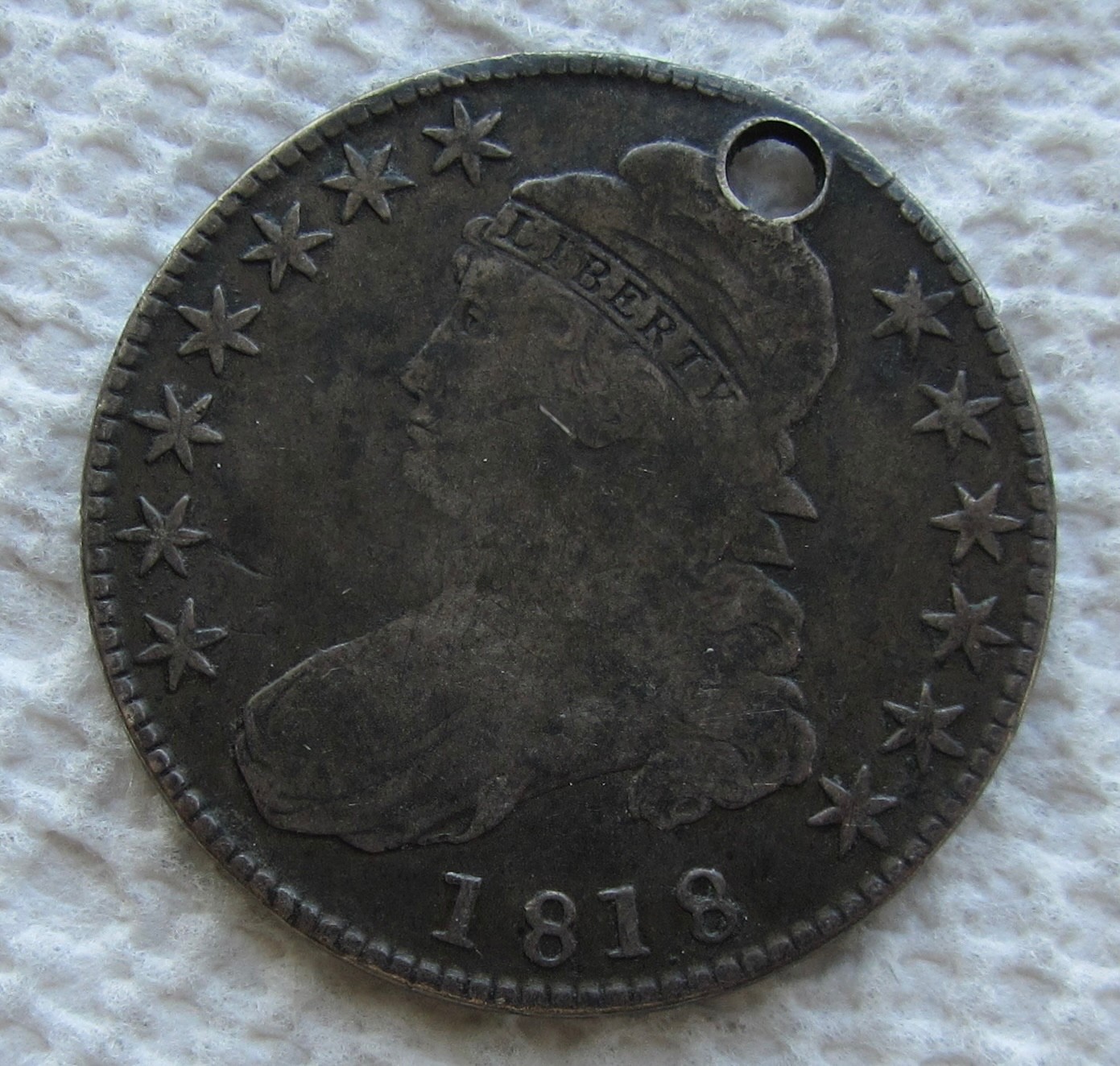 1818  Capped Bust Silver Half Dollar Rare Key Date VF Holed Scratched