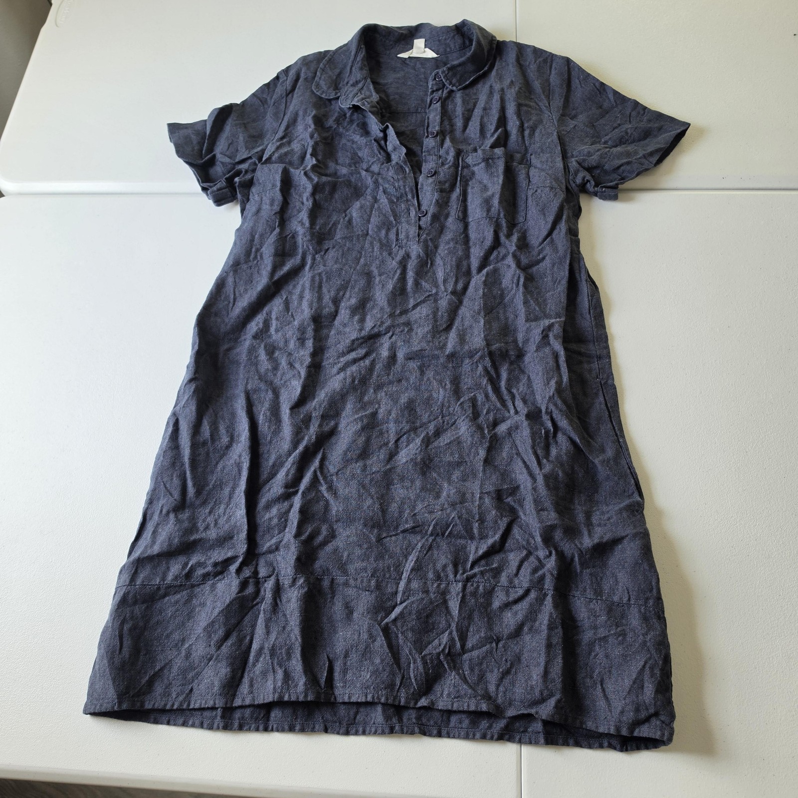 Garnet Hill Dress Womens L Blue Linen Collared Shirt Dress Short Sleeve Casual