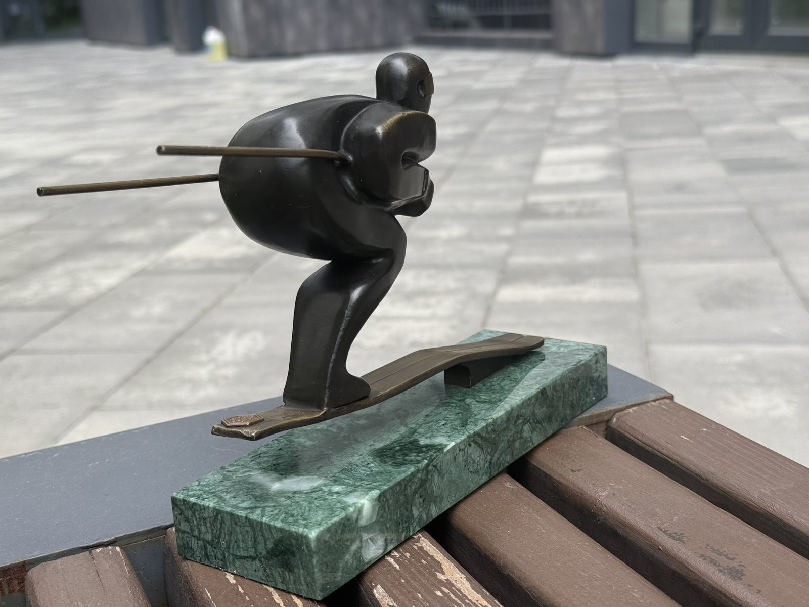 SKIER Bronze Sculpture Statue Sport Marble Poles Art Winter Athlete Nick Skiing