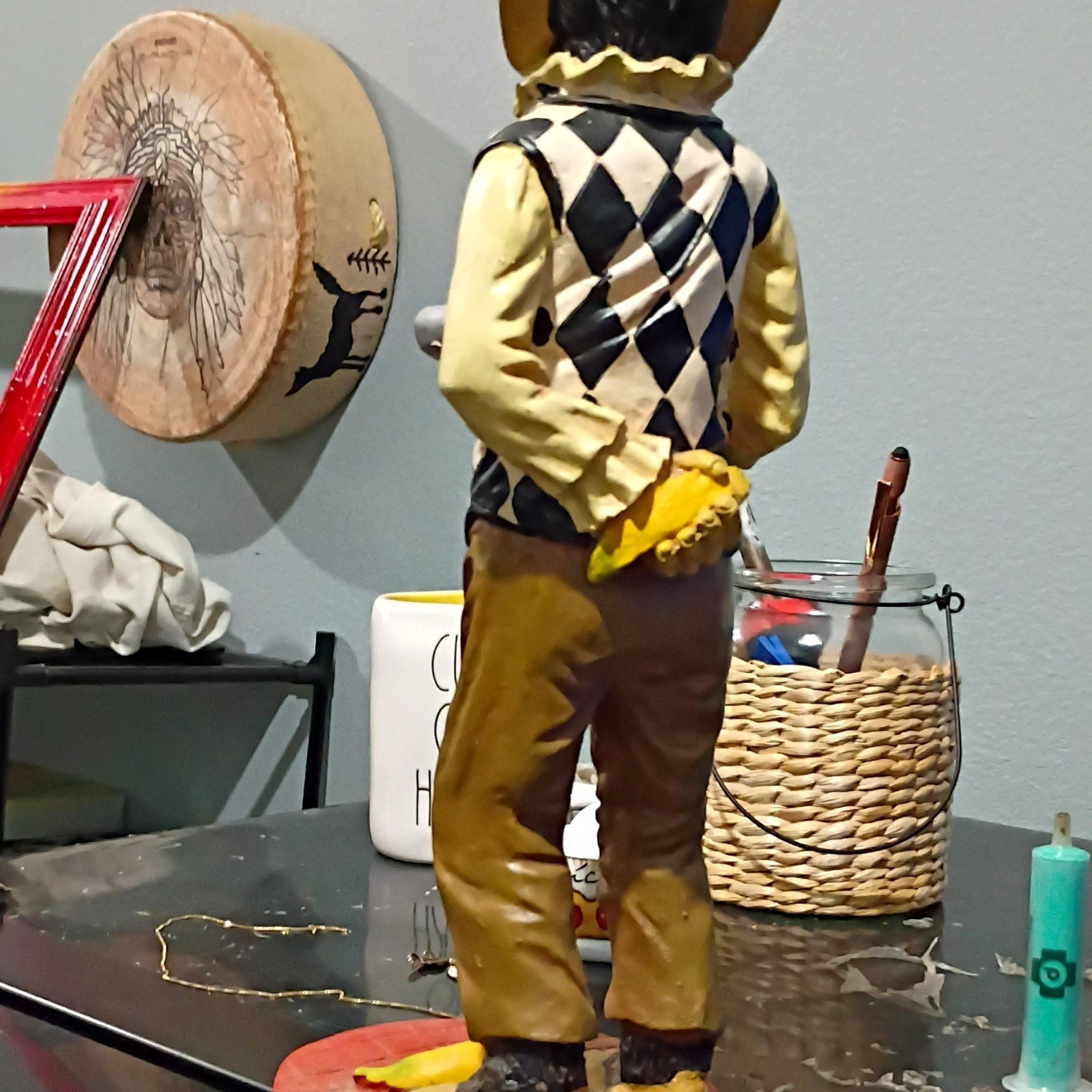 Monkey Waiter Figurine with Tray, Harlequin Diamond Vest, Brown Pants