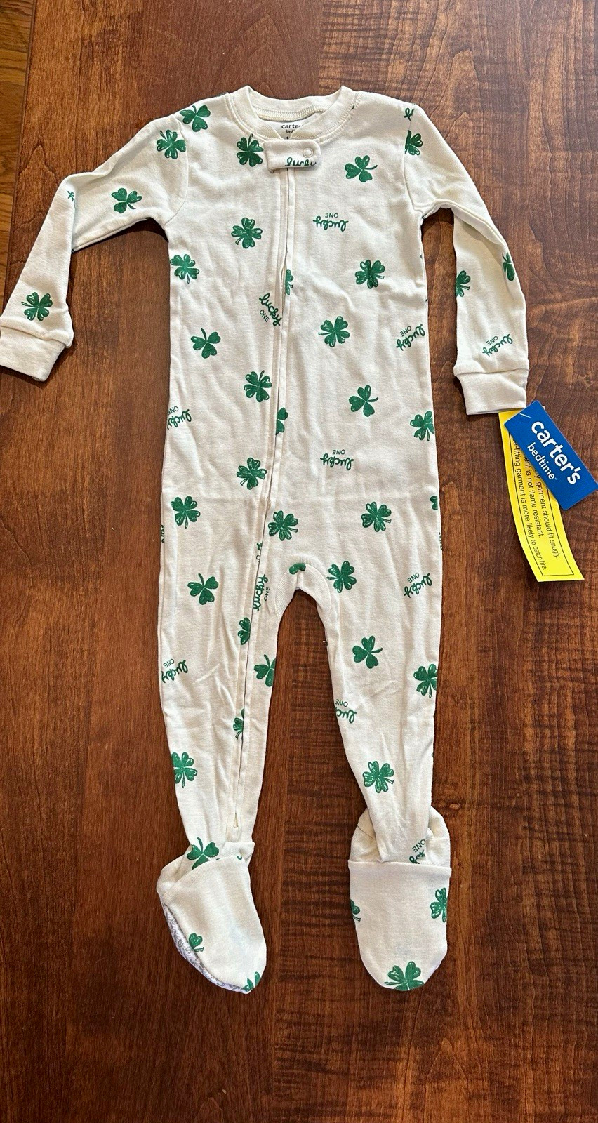 Carter\'s 12-18M Footed Zip Sleeper 100% Cotton White/Green Clover St Patrick